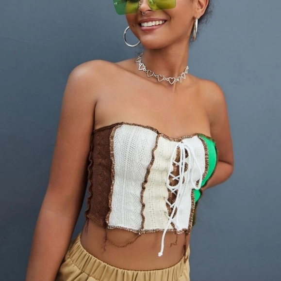 Color Block Top-Stitching Lace Up Front Crop Tube Top NWT - Picture 4 of 6